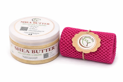 Organic Shea Butter & African Exfoliating Sponge Set (4oz / 70”) – Deep Hydration & Gentle Full-Body Exfoliation for Smooth, Radiant Skin