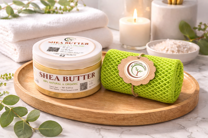 Organic Shea Butter & African Exfoliating Sponge Set (4oz / 70”) – Deep Hydration & Gentle Full-Body Exfoliation for Smooth, Radiant Skin