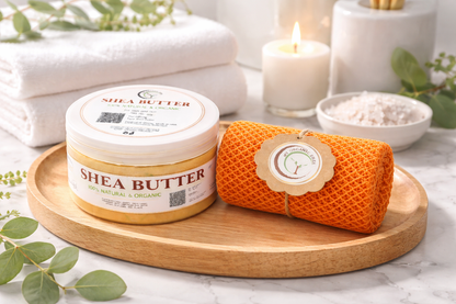 Organic Shea Butter & African Exfoliating Sponge Set (4oz / 70”) – Deep Hydration & Gentle Full-Body Exfoliation for Smooth, Radiant Skin
