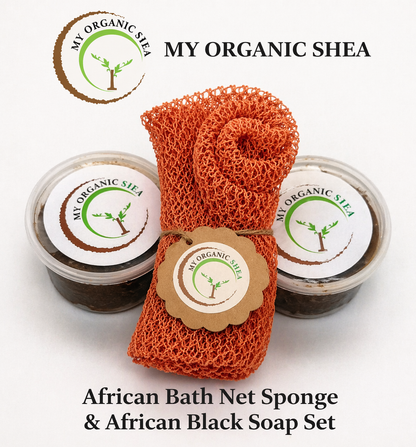 African Bath Net Sponge & African Black Soap Set – Exfoliating Body Wash Combo for Smooth, Glowing Skin