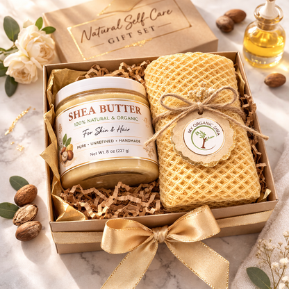 Organic Shea Butter & African Exfoliating Sponge Set | Deep Moisture, Natural Glow Routine(4z/50in)