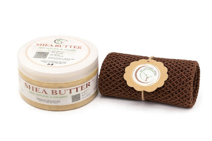 Organic Shea Butter & African Exfoliating Sponge Set | Deep Moisture, Natural Glow Routine(4z/50in)