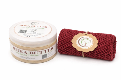 Organic Shea Butter & African Exfoliating Sponge Set (4oz / 70”) – Deep Hydration & Gentle Full-Body Exfoliation for Smooth, Radiant Skin