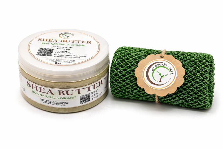 Organic Shea Butter & African Exfoliating Sponge Set (4oz / 70”) – Deep Hydration & Gentle Full-Body Exfoliation for Smooth, Radiant Skin