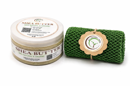 Organic Shea Butter & African Exfoliating Sponge Set (4oz / 70”) – Deep Hydration & Gentle Full-Body Exfoliation for Smooth, Radiant Skin
