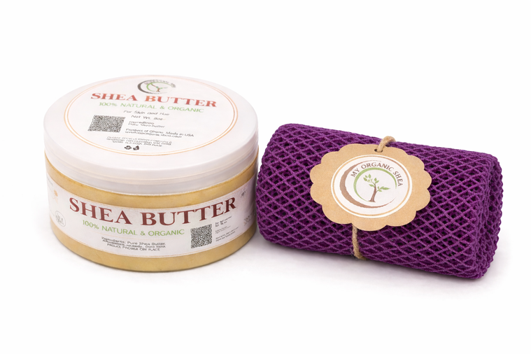 Organic Shea Butter & African Exfoliating Sponge Set (4oz / 70”) – Deep Hydration & Gentle Full-Body Exfoliation for Smooth, Radiant Skin