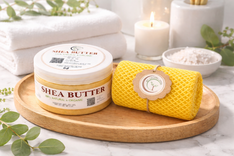 Organic Shea Butter & African Exfoliating Sponge Set (4oz / 70”) – Deep Hydration & Gentle Full-Body Exfoliation for Smooth, Radiant Skin