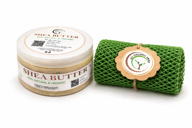 Organic Shea Butter & African Exfoliating Sponge Set (4oz / 70”) – Deep Hydration & Gentle Full-Body Exfoliation for Smooth, Radiant Skin