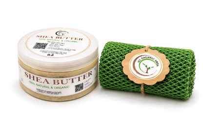 Organic Shea Butter & African Exfoliating Sponge Set (4oz / 70”) – Deep Hydration & Gentle Full-Body Exfoliation for Smooth, Radiant Skin