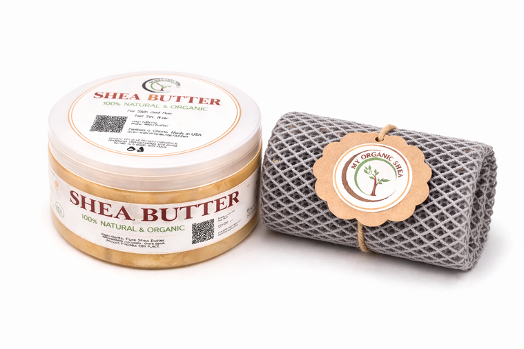 Organic Shea Butter & African Exfoliating Sponge Set (4oz / 70”) – Deep Hydration & Gentle Full-Body Exfoliation for Smooth, Radiant Skin
