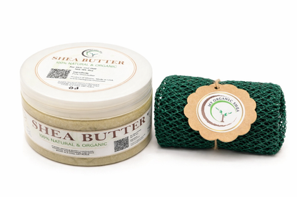 Organic Shea Butter & African Exfoliating Sponge Set | Deep Moisture, Natural Glow Routine(4z/50in)