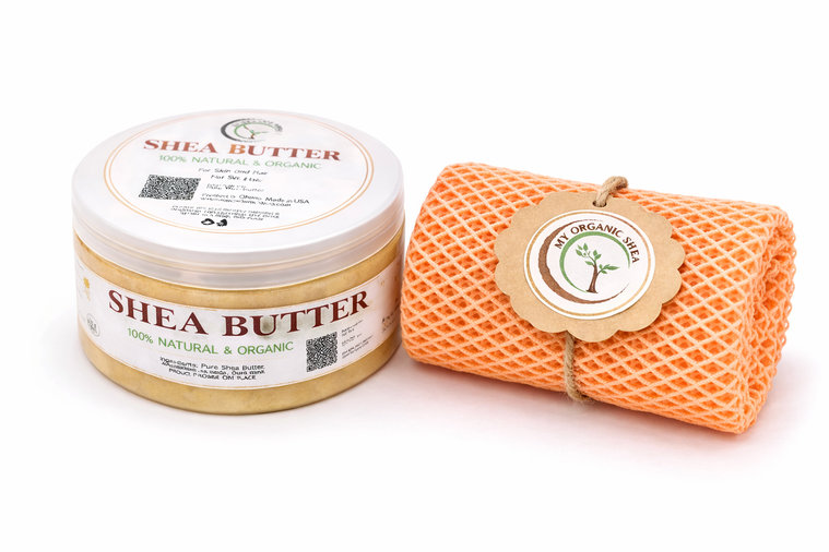 Organic Shea Butter & African Exfoliating Sponge Set (4oz / 70”) – Deep Hydration & Gentle Full-Body Exfoliation for Smooth, Radiant Skin