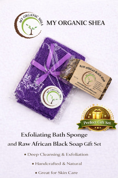 African Exfoliating Bath Net Sponge (70 Inches Long Stretched) with Raw African Soap Bar 4oz for Deep Cleansing, Exfoliation & Glowing Skin