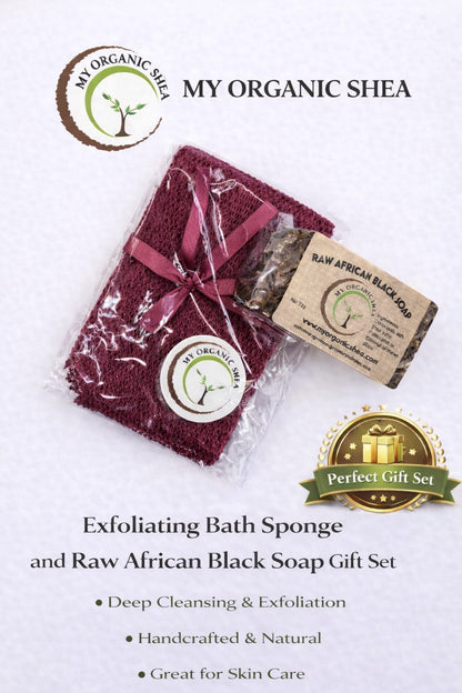 African Exfoliating Bath Net Sponge (50 Inches Long Stretched) with Raw African Soap Bar 7.5oz for Deep Cleansing, Exfoliation & Glowing Skin