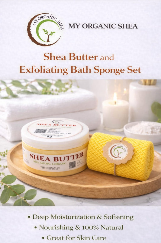Organic Shea Butter & African Exfoliating Sponge Set | Deep Moisture, Natural Glow Routine(4z/50in)
