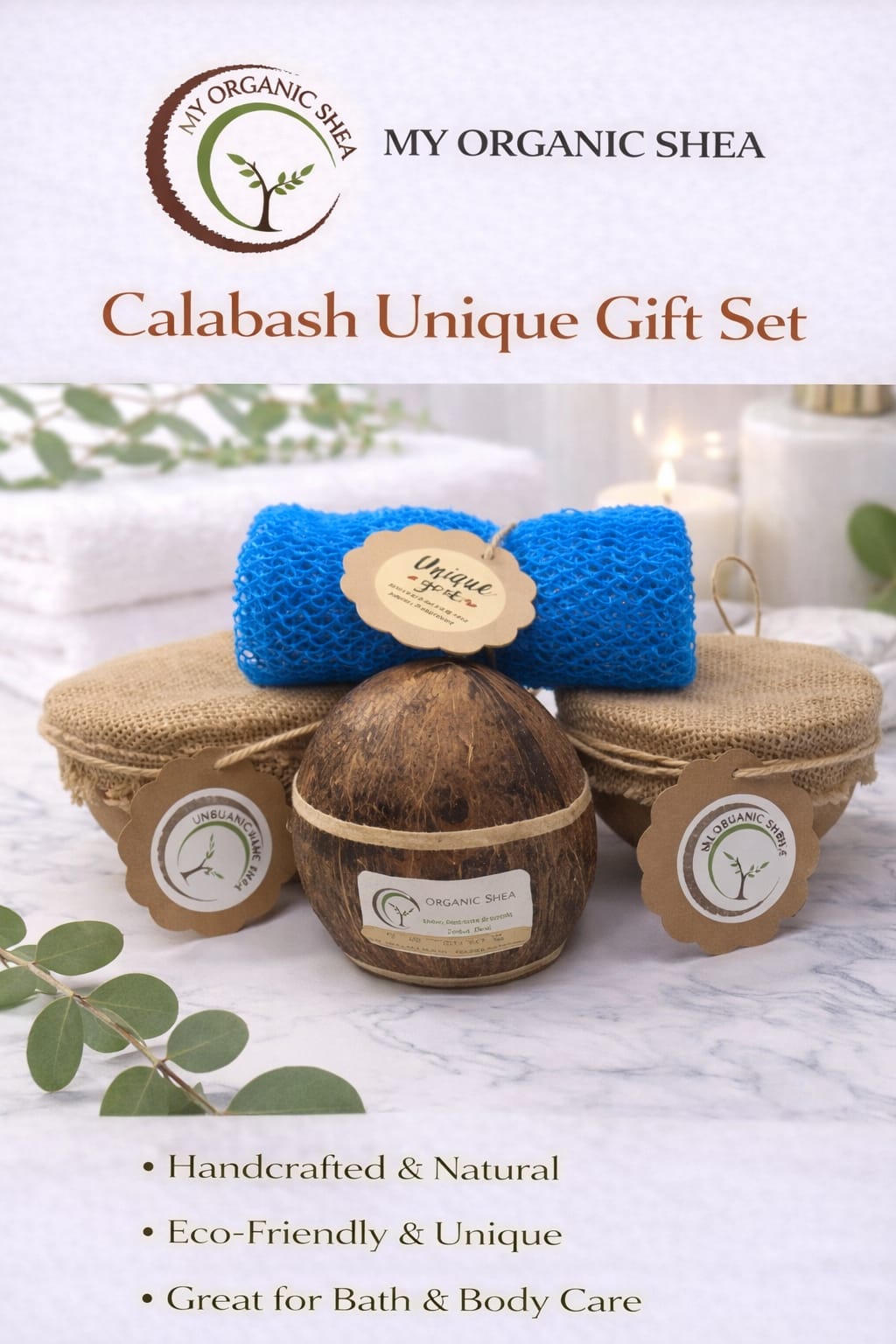 Natural Shea Butter Gift Set: African Soap, Coconut Shell, Bath Sponge