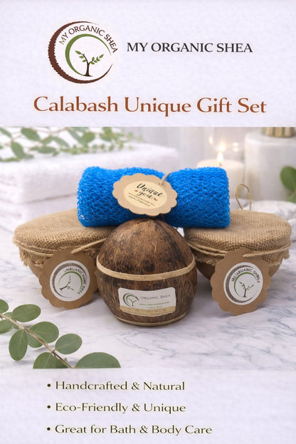 Natural Shea Butter Gift Set: African Soap, Coconut Shell, Bath Sponge