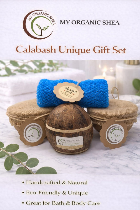 Natural Shea Butter Gift Set: African Soap, Coconut Shell, Bath Sponge