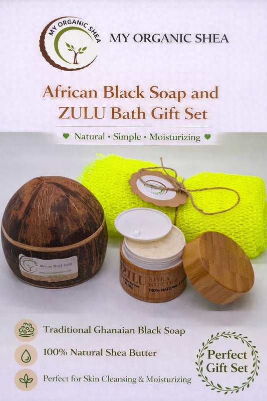 Luxury Coconut Shell Gift Set – ZULU Shea Butter,African Black Soap & Exfoliating Sponge | Natural Skincare Set for Glowing Skin
