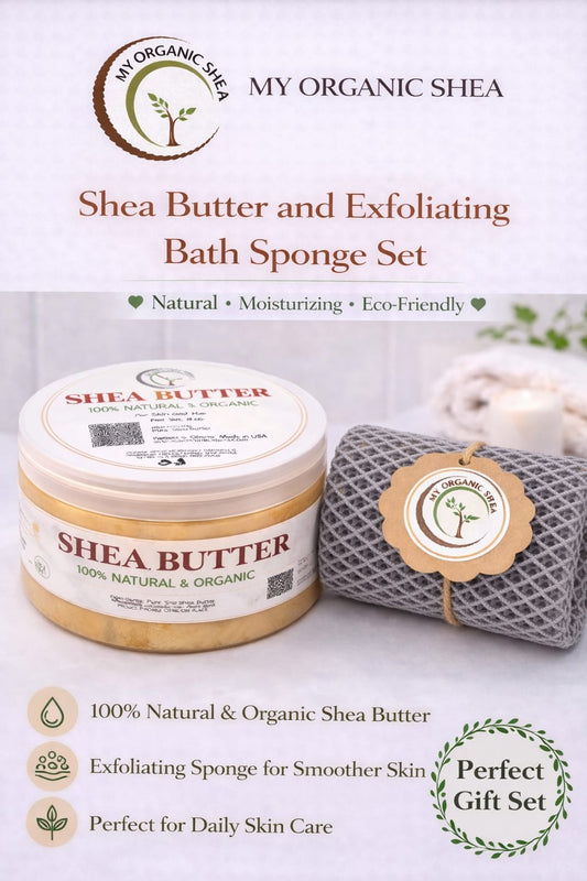 Organic Shea Butter & African Exfoliating Sponge Set (4oz / 50”) – Deep Hydration & Gentle Full-Body Exfoliation for Smooth, Radiant Skin