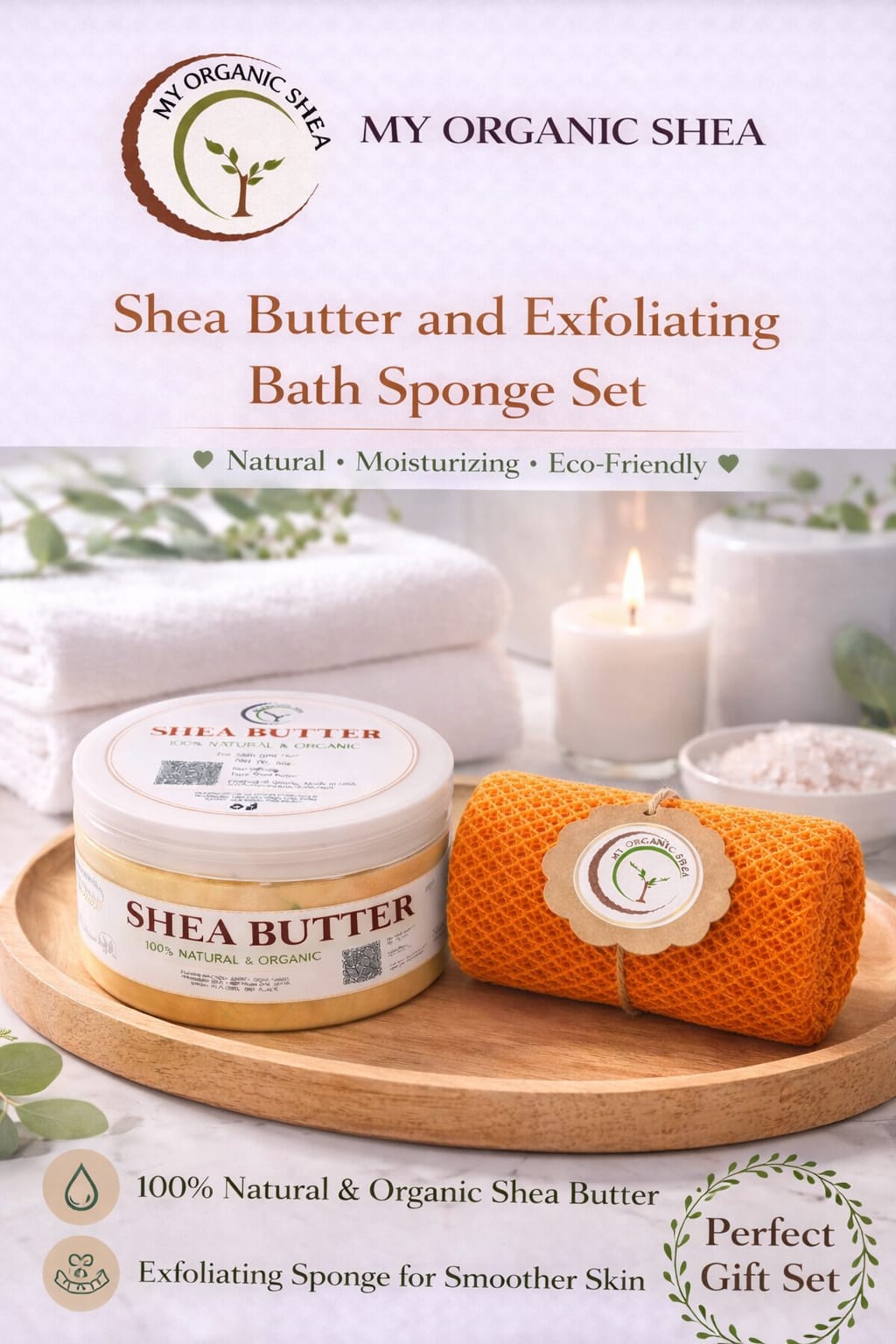 Organic Shea Butter & African Exfoliating Sponge Set (4oz / 70”) – Deep Hydration & Gentle Full-Body Exfoliation for Smooth, Radiant Skin