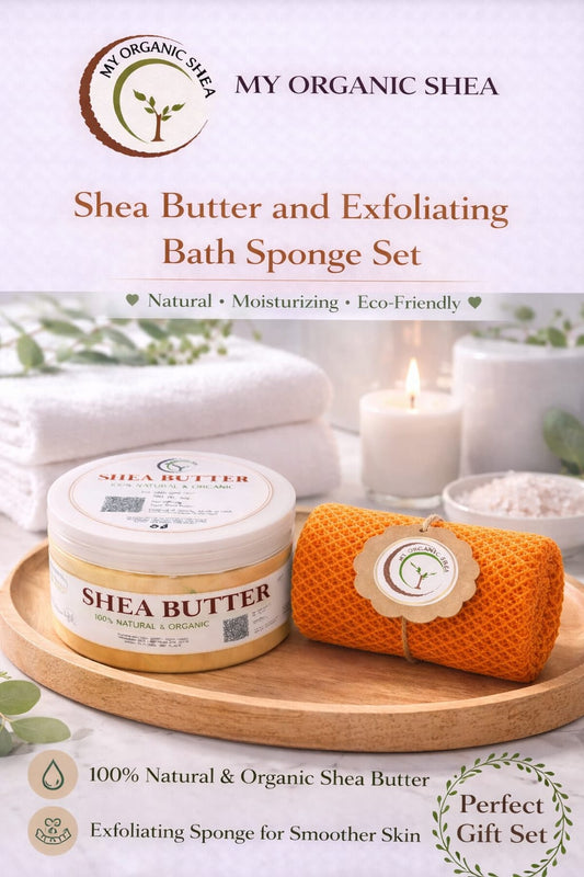 Organic Shea Butter & African Exfoliating Sponge Set (4oz / 70”) – Deep Hydration & Gentle Full-Body Exfoliation for Smooth, Radiant Skin