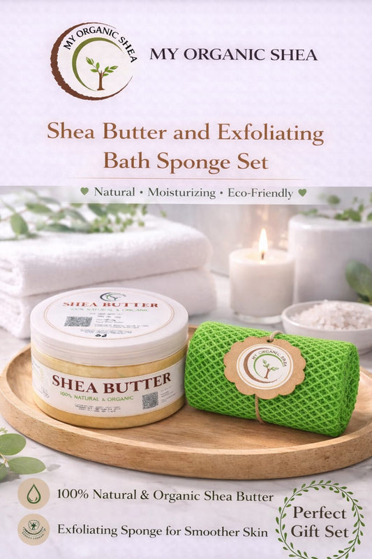 Organic Shea Butter & African Exfoliating Sponge Set (8oz / 50”) – Deep Hydration & Gentle Full-Body Exfoliation for Smooth, Radiant Skin