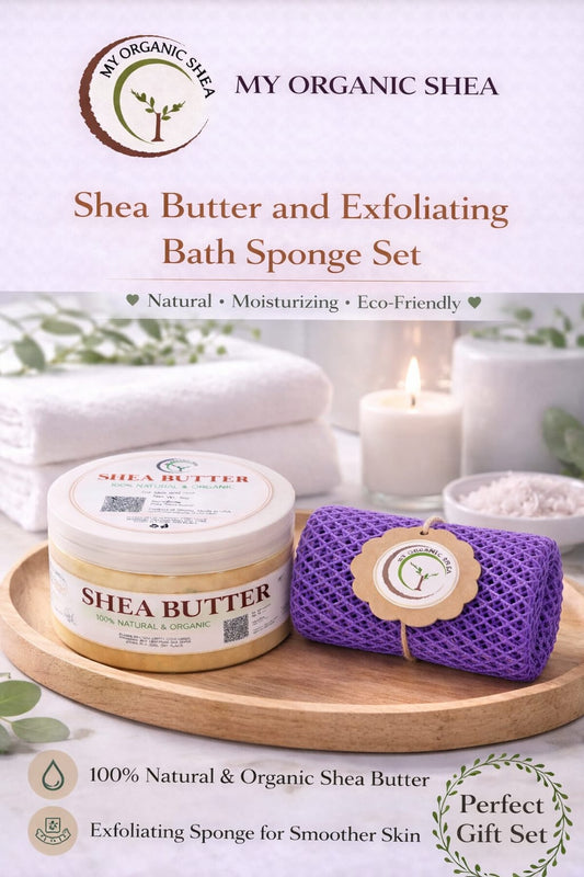 Organic Shea Butter & African Exfoliating Sponge Set | Deep Moisture, Gentle Exfoliation (8z/70inch)
