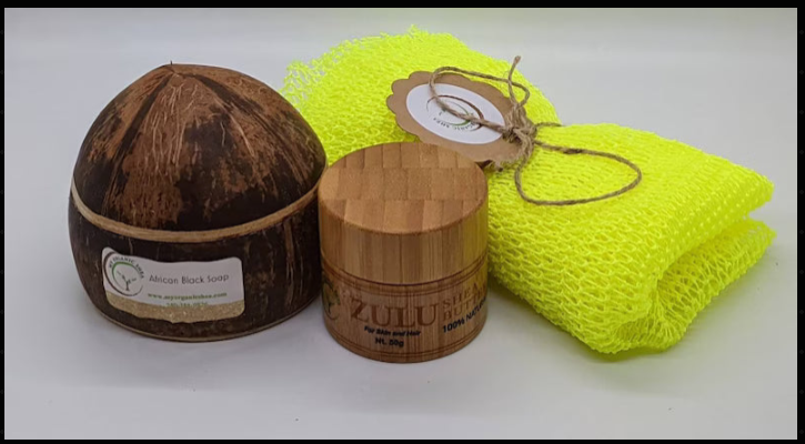Luxury Coconut Shell Gift Set – ZULU Shea Butter,African Black Soap & Exfoliating Sponge | Natural Skincare Set for Glowing Skin