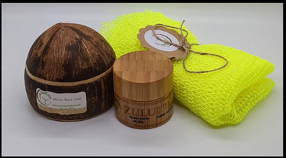 Luxury Coconut Shell Gift Set – ZULU Shea Butter,African Black Soap & Exfoliating Sponge | Natural Skincare Set for Glowing Skin