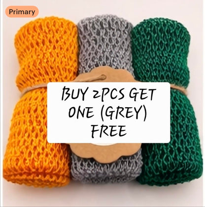 African Exfoliating Bath Net Sponge Sapɔ Loofah (3pcs) – Buy 2 Get 1 Free (Grey) | Deep Cleansing & Long-Lasting