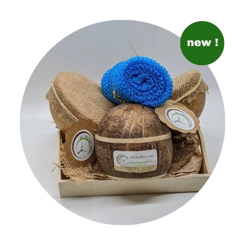 Natural Shea Butter Gift Set: African Soap, Coconut Shell, Bath Sponge