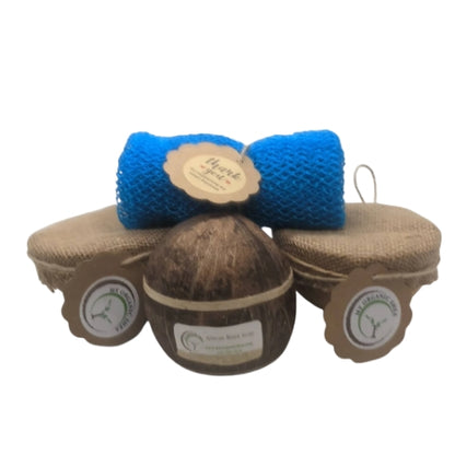 Natural Shea Butter Gift Set: African Soap, Coconut Shell, Bath Sponge