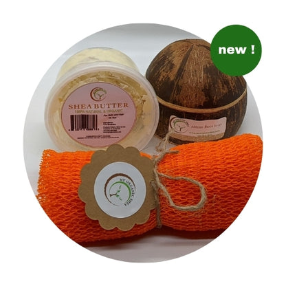 Natural Shea Butter Gift Set: African Soap, Coconut Shell, Bath Sponge