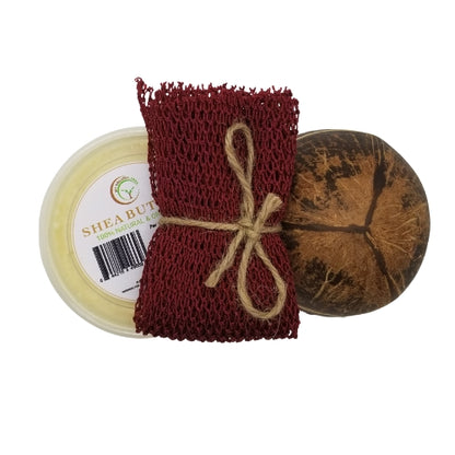 Natural Shea Butter Gift Set: African Soap, Coconut Shell, Bath Sponge