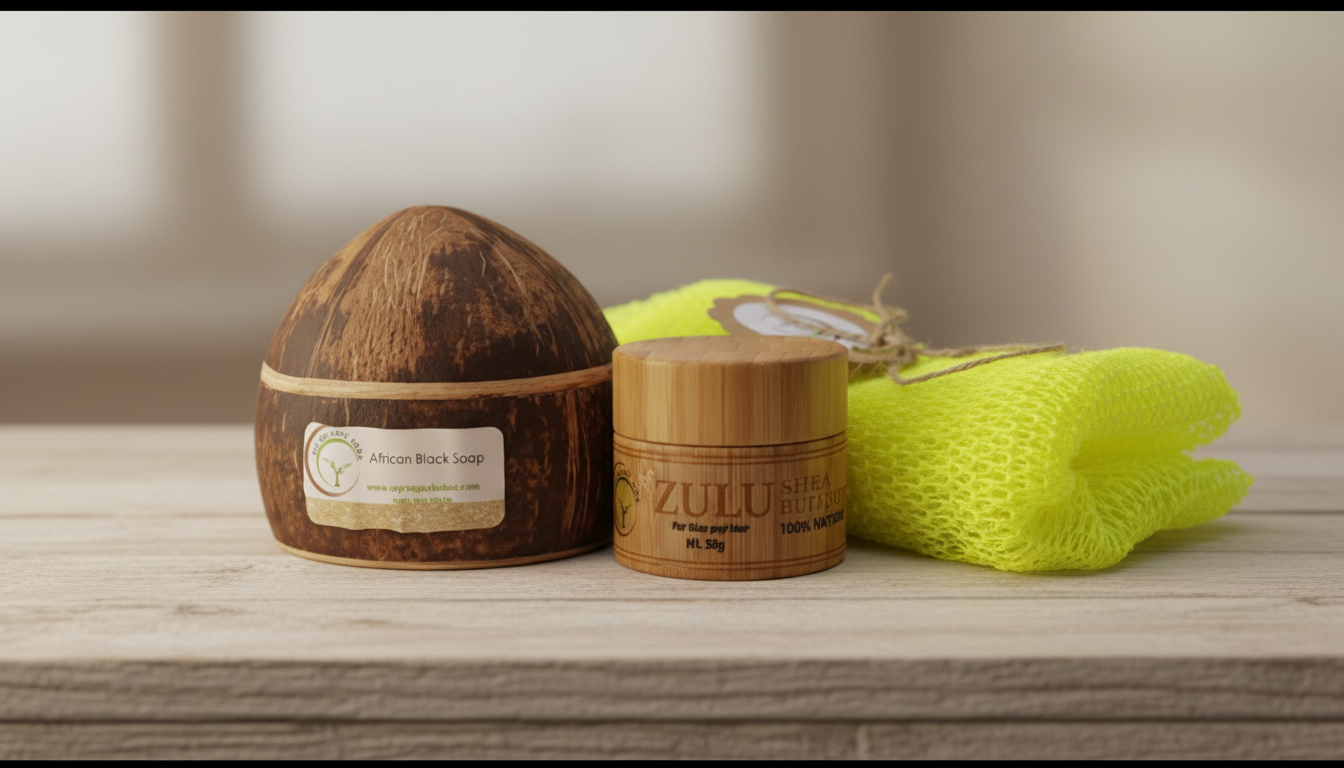 Luxury Coconut Shell Gift Set – ZULU Shea Butter,African Black Soap & Exfoliating Sponge | Natural Skincare Set for Glowing Skin