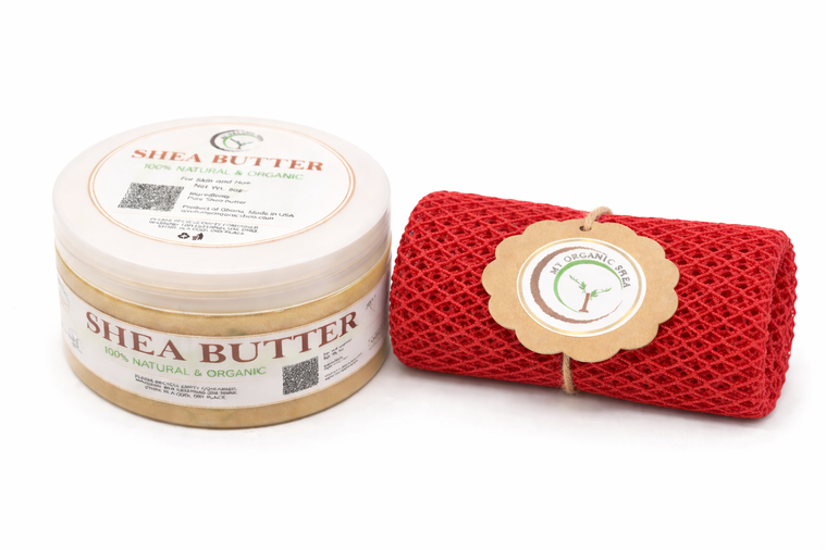 Organic Shea Butter & African Exfoliating Sponge Set (4oz / 70”) – Deep Hydration & Gentle Full-Body Exfoliation for Smooth, Radiant Skin
