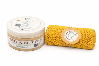 Organic Shea Butter & African Exfoliating Sponge Set (4oz / 70”) – Deep Hydration & Gentle Full-Body Exfoliation for Smooth, Radiant Skin