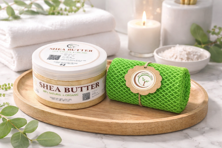 Organic Shea Butter & African Exfoliating Sponge Set (4oz / 70”) – Deep Hydration & Gentle Full-Body Exfoliation for Smooth, Radiant Skin