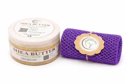Organic Shea Butter & African Exfoliating Sponge Set | Deep Moisture, Natural Glow Routine(4z/50in)