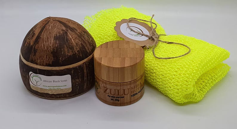 Luxury Coconut Shell Gift Set – ZULU Shea Butter,African Black Soap & Exfoliating Sponge | Natural Skincare Set for Glowing Skin