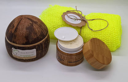 Luxury Coconut Shell Gift Set – ZULU Shea Butter,African Black Soap & Exfoliating Sponge | Natural Skincare Set for Glowing Skin