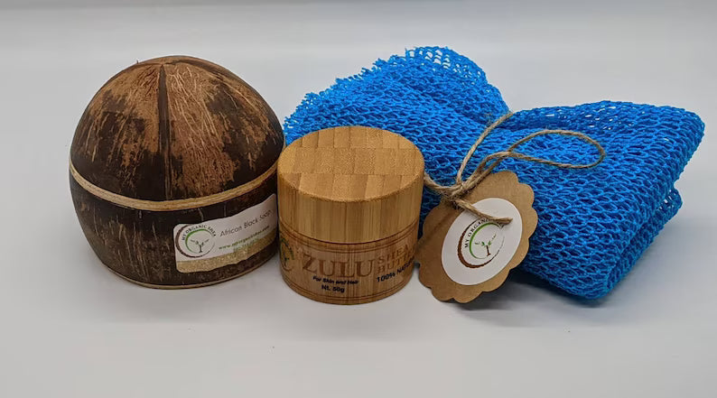 Luxury Coconut Shell Gift Set – ZULU Shea Butter,African Black Soap & Exfoliating Sponge | Natural Skincare Set for Glowing Skin