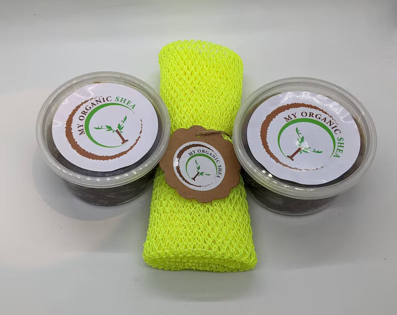 African Bath Net Sponge & African Black Soap Set – Exfoliating Body Wash Combo for Smooth, Glowing Skin