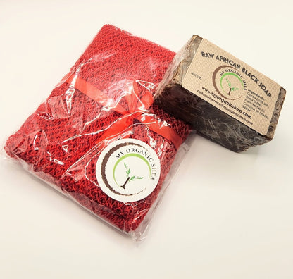 African Exfoliating Bath Net Sponge (70 Inches Long Stretched) with Raw African Soap Bar 4oz for Deep Cleansing, Exfoliation & Glowing Skin