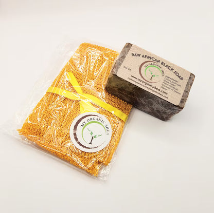 African Exfoliating Bath Net Sponge (70 Inches Long Stretched) with Raw African Soap Bar 4oz for Deep Cleansing, Exfoliation & Glowing Skin