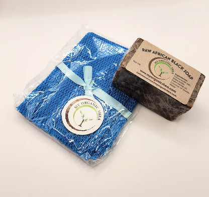 African Exfoliating Bath Net Sponge (70 Inches Long Stretched) with Raw African Soap Bar 4oz for Deep Cleansing, Exfoliation & Glowing Skin