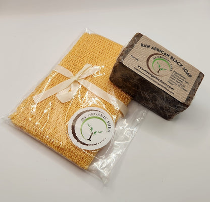 African Exfoliating Bath Net Sponge (70 Inches Long Stretched) with Raw African Soap Bar 4oz for Deep Cleansing, Exfoliation & Glowing Skin
