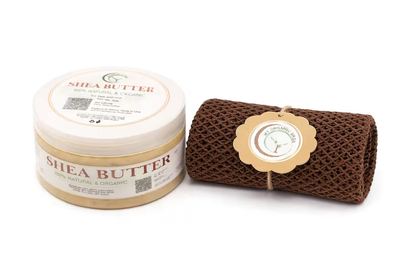 Organic Shea Butter & African Exfoliating Sponge Set (4oz / 70”) – Deep Hydration & Gentle Full-Body Exfoliation for Smooth, Radiant Skin