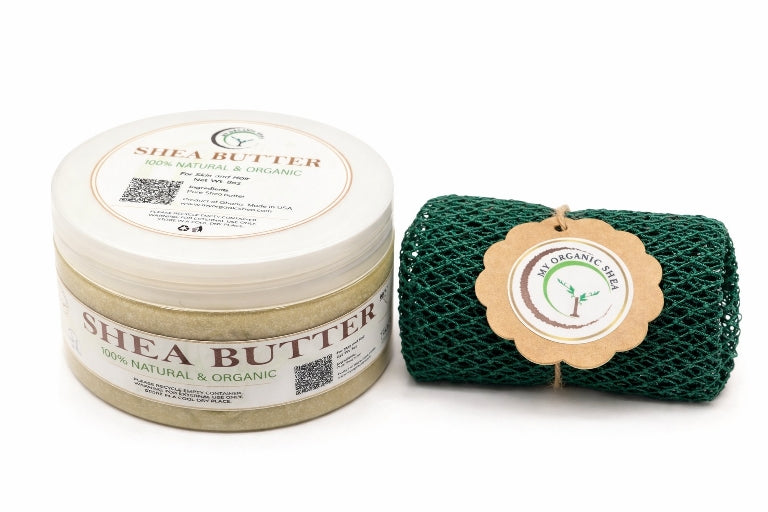 Organic Shea Butter & African Exfoliating Sponge Set | Deep Moisture, Natural Glow Routine(4z/50in)